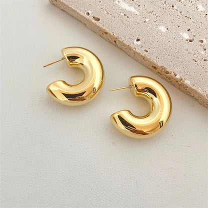 New Retro Chunky C Shape Hoop Earrings Glossy Gold Plated Pvd Circle Round Tube Huggie Hoops Stacked Ear Jewelry.