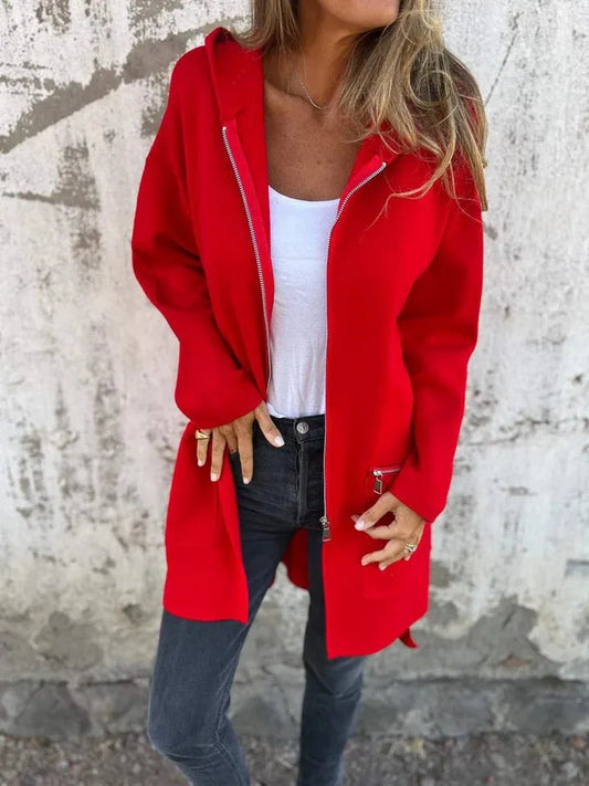 Herbst Winter Casual Zipper Mit Kapuze Jacke Frauen Langarm Strickjacke Mantel frauen Windjacke Beiläufige Gerade Jacken Rote Mäntel