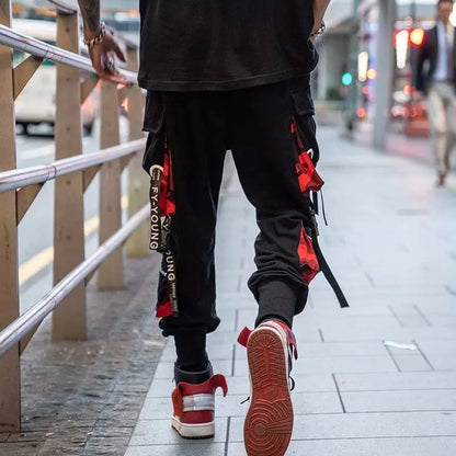 Men's Cargo Pants Casual Hip Hop Hit Color Multiple Pockets Trousers Streetwear Ribbons Techwear Sweatpants.