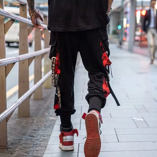 Men's Cargo Pants Casual Hip Hop Hit Color Multiple Pockets Trousers Streetwear Ribbons Techwear Sweatpants.