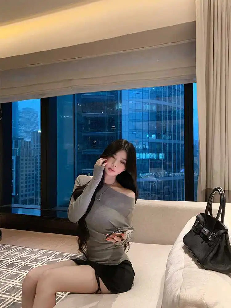 Sexy Long Sleeve T-Shirt Shoulder Bared Waist Cinched Slim Fit Knitted Cotton Solid Color Casual Urban Style for Early Autumn