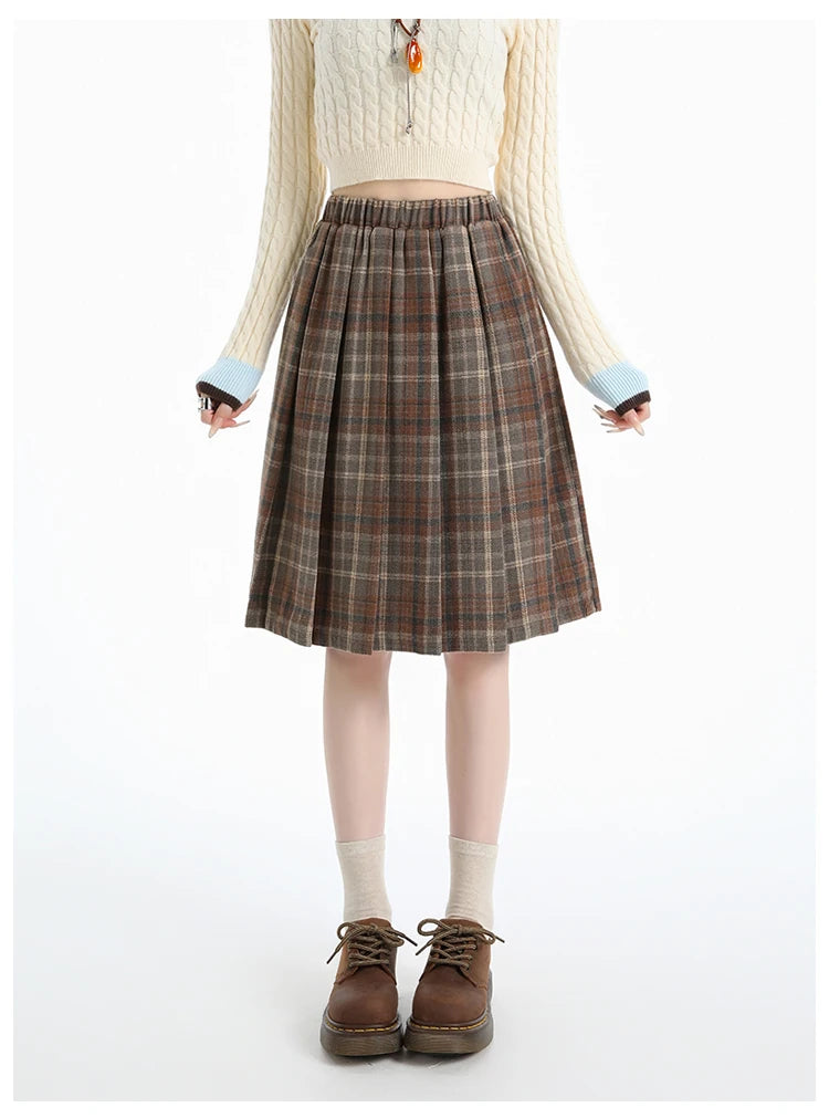 Preppy Style Woolen Pleated Plaid Skirt Women Fall Winter Retro Elastic High Waist Skirts Female Japanese A Line Faldas 2025 New.