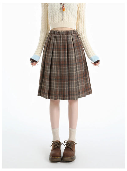 Preppy Style Woolen Pleated Plaid Skirt Women Fall Winter Retro Elastic High Waist Skirts Female Japanese A Line Faldas 2025 New.