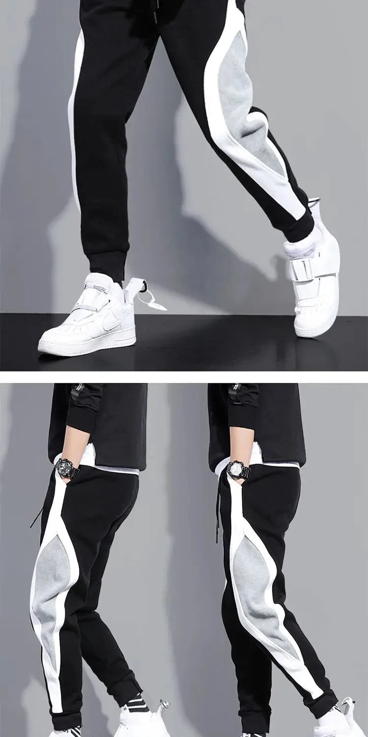 Autumn Men's Wide Loose Casual Pants Mens Patchwork Nine-point Sports  Elastic Rope Breathable Tie-foot Trousers.