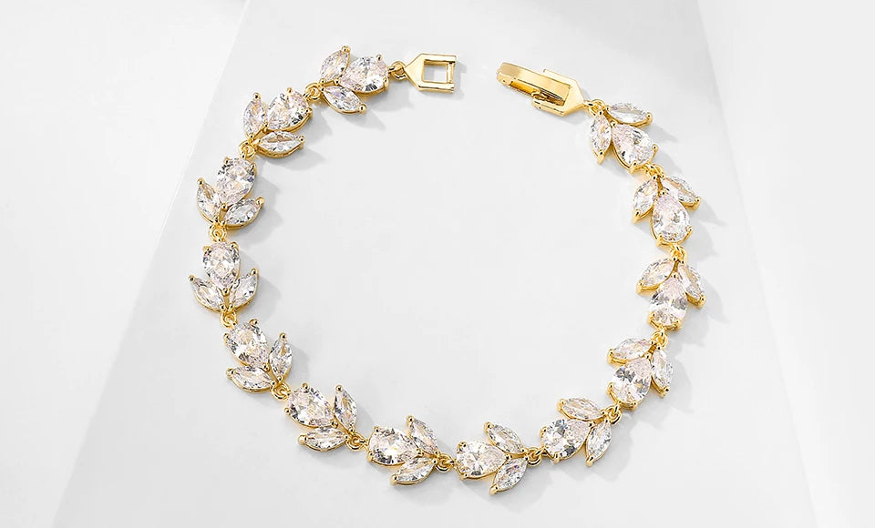 ZAKOL Luxury AAA Cubic Zirconia Wedding Bracelets for Women High Quality White Gold Color Leaf Charm Bracelet Bangles.