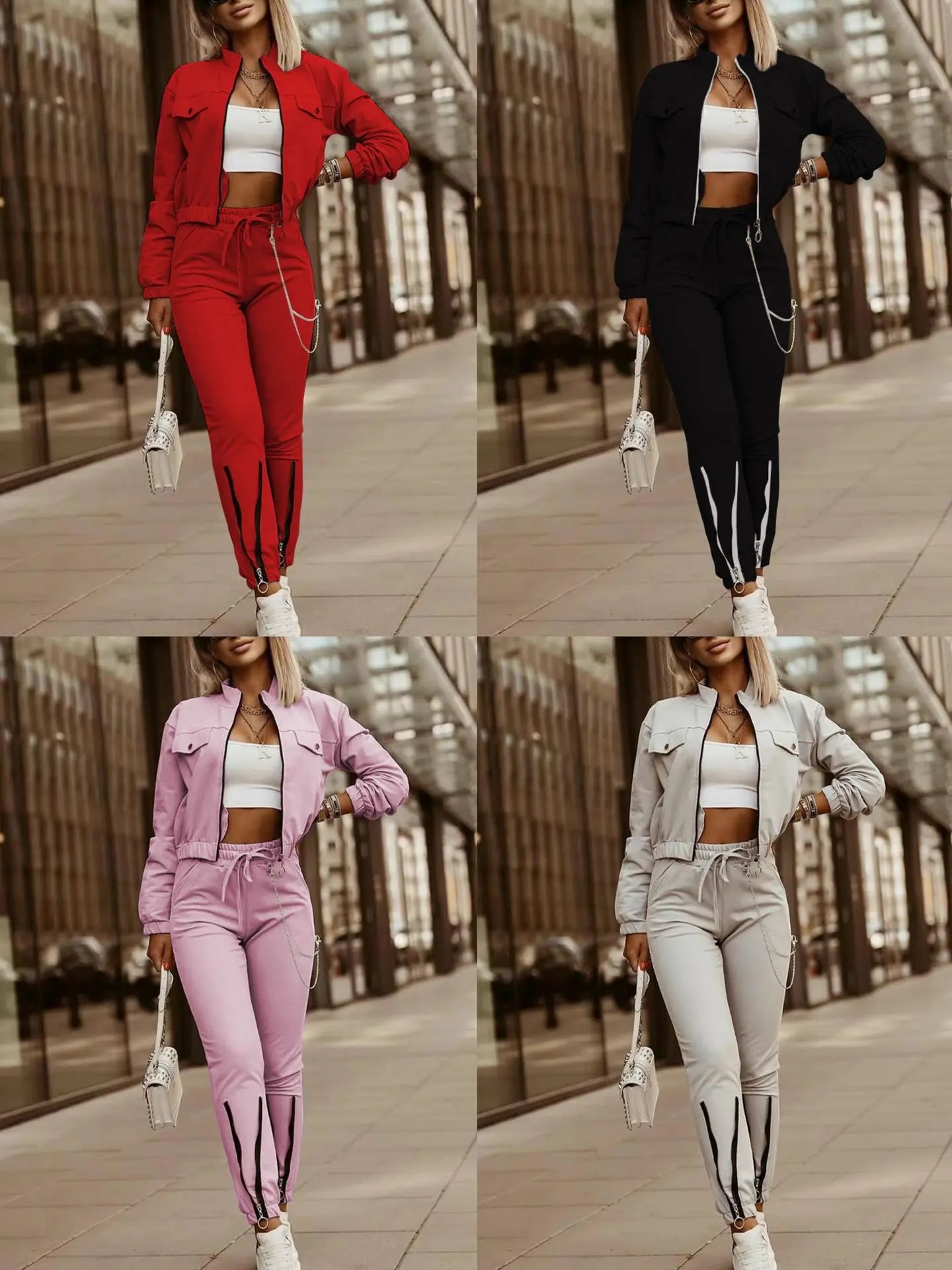 Zipper Crop Jacket Pencil Pants Two Piece Set Women Autumn Winter Fashion High Waist Lace Up Pants With Coats Suit Office Ladies.