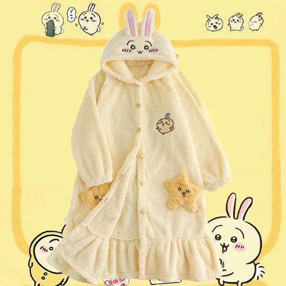 Kawaii Chiikawas Pajamas Coral Velvet Home Wear Long Length Nightgown Thick Cardigan Pant Cartoon Cute Girl Casual Home Clothing