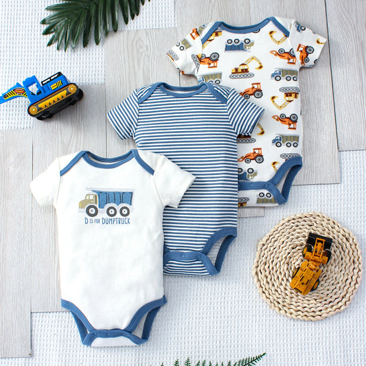 3PCS Sommer Jungen Baby Body Drei stück Set Cartoon Lkw und Streifen Muster Kurzarm Taste Design Dreieck body
