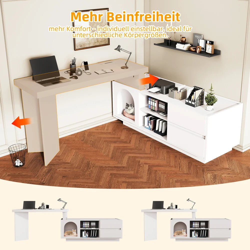 Eckschreibtisch mit integriertem Tierhaus, MDF-Eckschreibtisch aus verdicktem Brett für das Heimbüro mit XLanimal Cave L-förmiger Eckschreibtisch