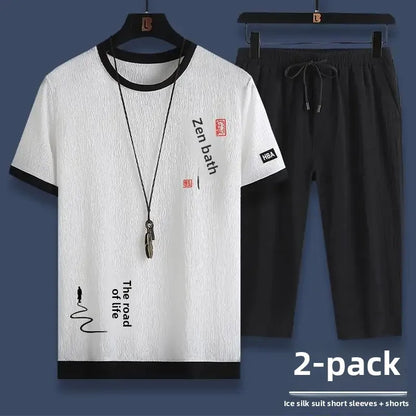 Summer Casual Ice Silk Short Sleeve T-Shirt Shorts Set for Men Fashionable Two-Piece Outfit Lightweight Sportswear Combo.