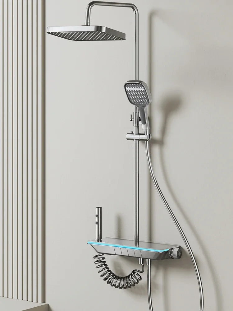 Bathroom Luxury Shower Faucet System with Lights Tempered Glass Shower Set Digital Display Copper Mixer Shower Faucet Set