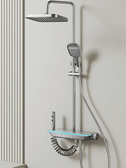 Bathroom Luxury Shower Faucet System with Lights Tempered Glass Shower Set Digital Display Copper Mixer Shower Faucet Set