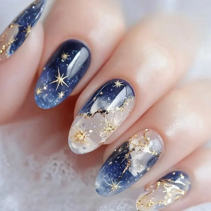 24pcs Romantic Y2k Star Press On Nails Gradient Blue French Style Gold Moon Designs Fake Nail Sweet Almond False Nails For Women
