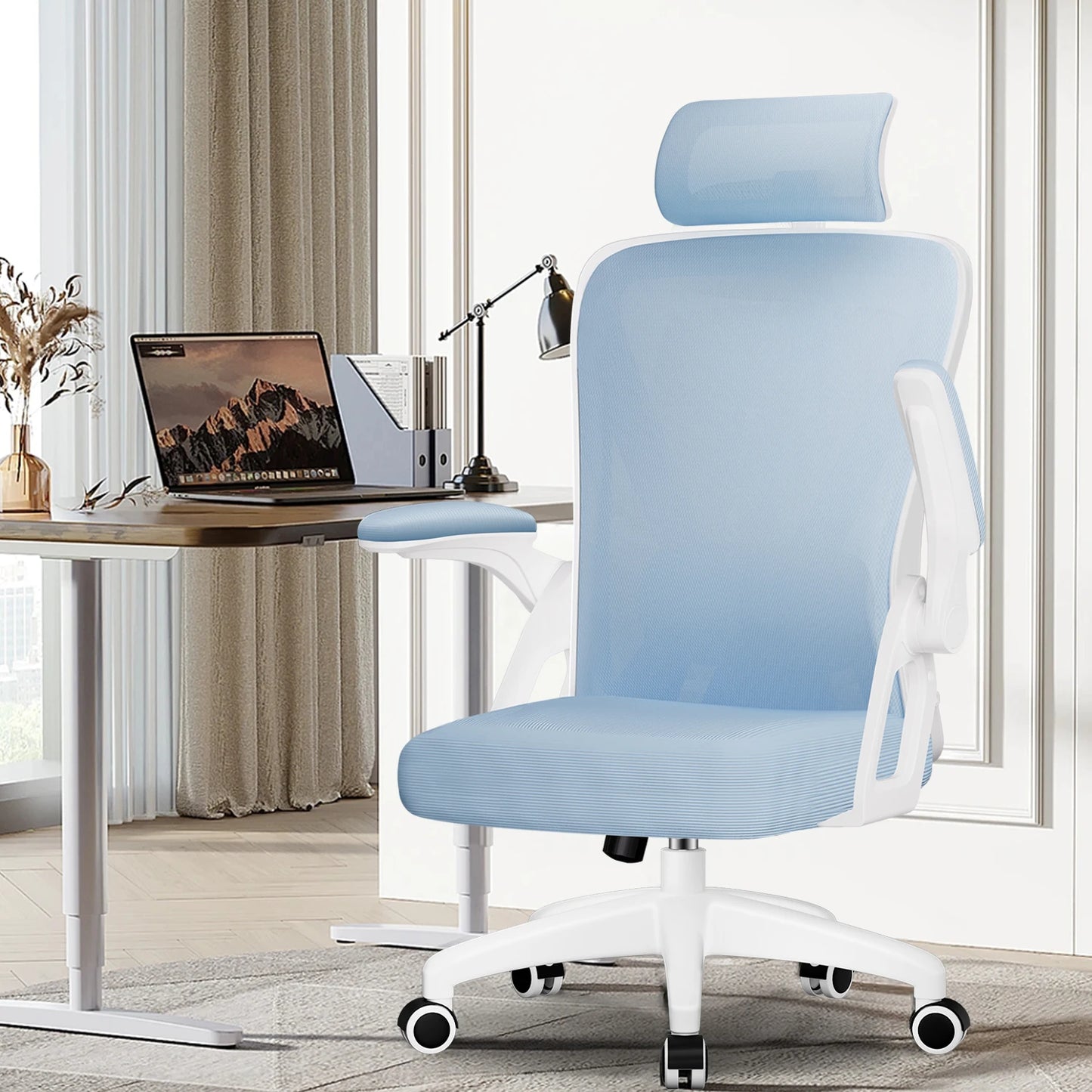 AUTHMIC Ergonomischer Schreibtischstuhl, blaue Liegerückenlehne, faltbare Armlehnen, verstellbare Kopfstütze und Lordosenstütze, strapazierfähig, 150 kg