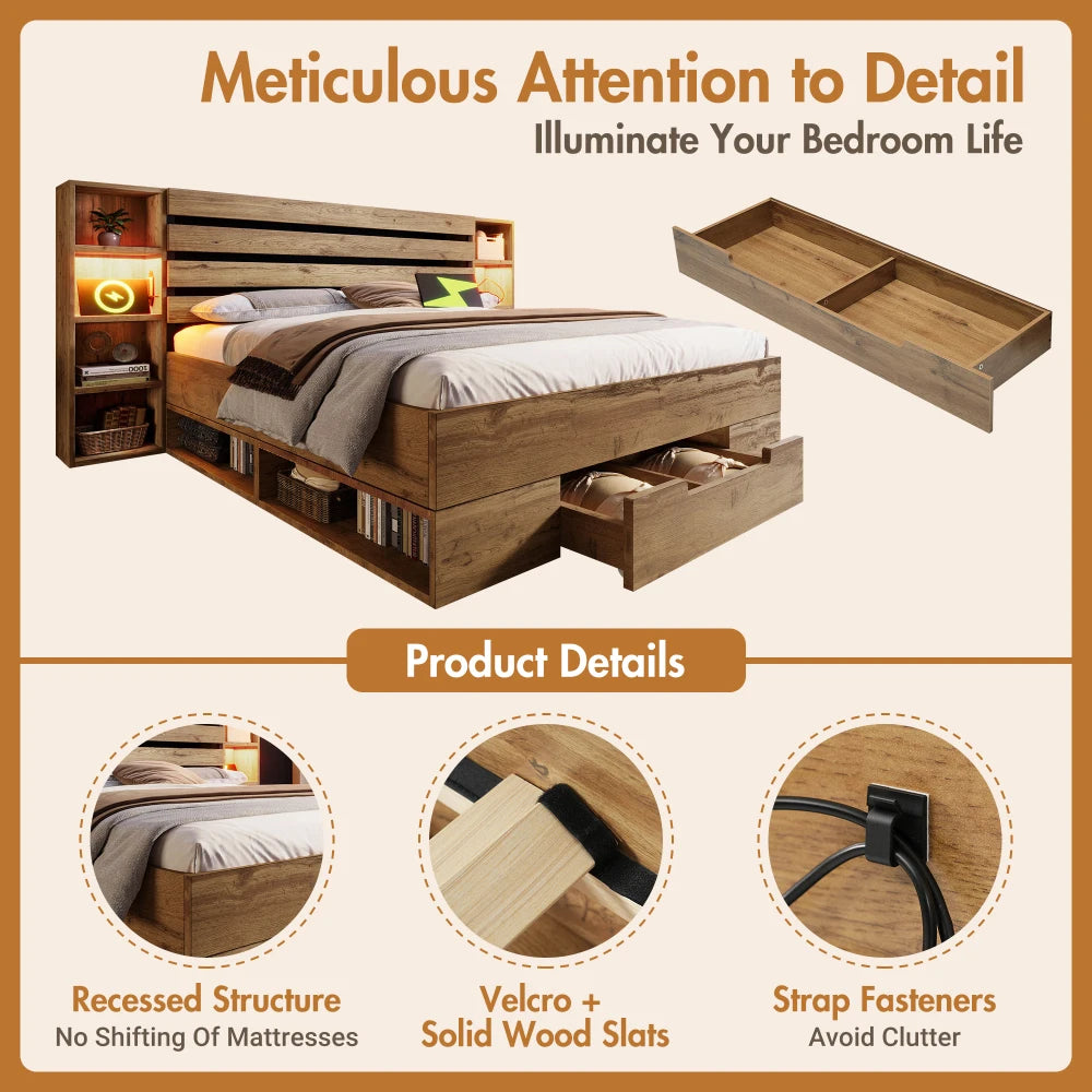 Bett mit gepolstertem Bettsystem mit Leselampe und USB-C-Nachttisch und Sitzbank mit Stauraum (ohne Matratze)