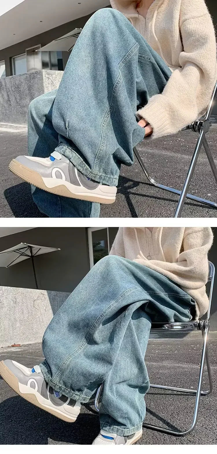 2024 New Trendy Wide-Leg Jeans Men's Loose-Fit Straight-Leg Casual Long Pants Vintage Washing Distressed Style.