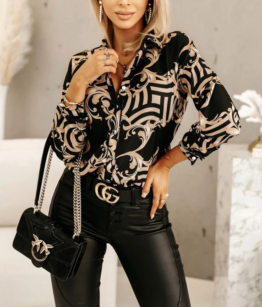 Blue Women's Long-sleeved Shirt, Single-breasted Collar Commuter Shirts, White and Black Slim-fit Top