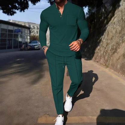 Men's Waffle Check Stand-Up Collar Semi-Casual Business Suit Two-Piece Set Button-Down Top with Comfortable Trousers