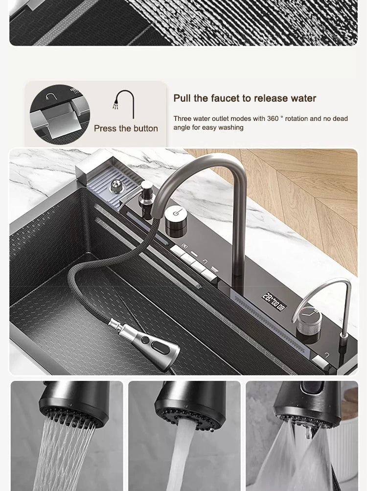 Küchenspüle, Wasserfall-Waschbecken aus Edelstahl, extra großer Einzelschlitz mit Digitalanzeige, Wasserhahn-Set für die Küche