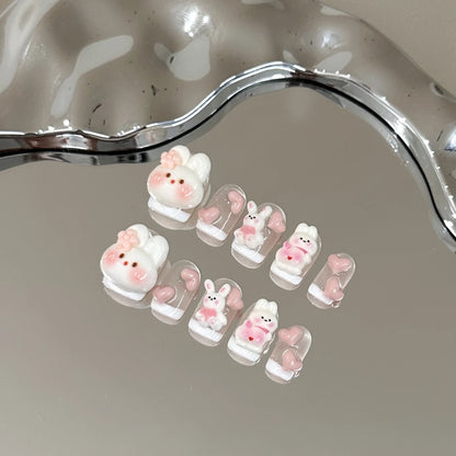 10pcs Handmade Press on Nails Pink Heart Cute White Rabbit Cartoon French False Nail for Women&Girl Detachable Wearable Nail.