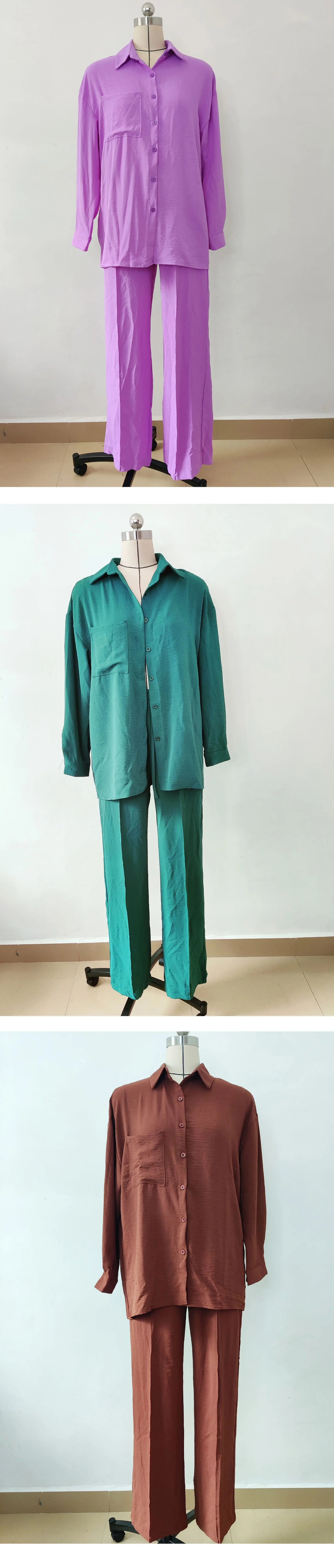 New Autumn Red Women Casual Two-piece Set, Features A Thin Long-sleeved Lapel Shirt Paired with Matching Drawstring Trousers..