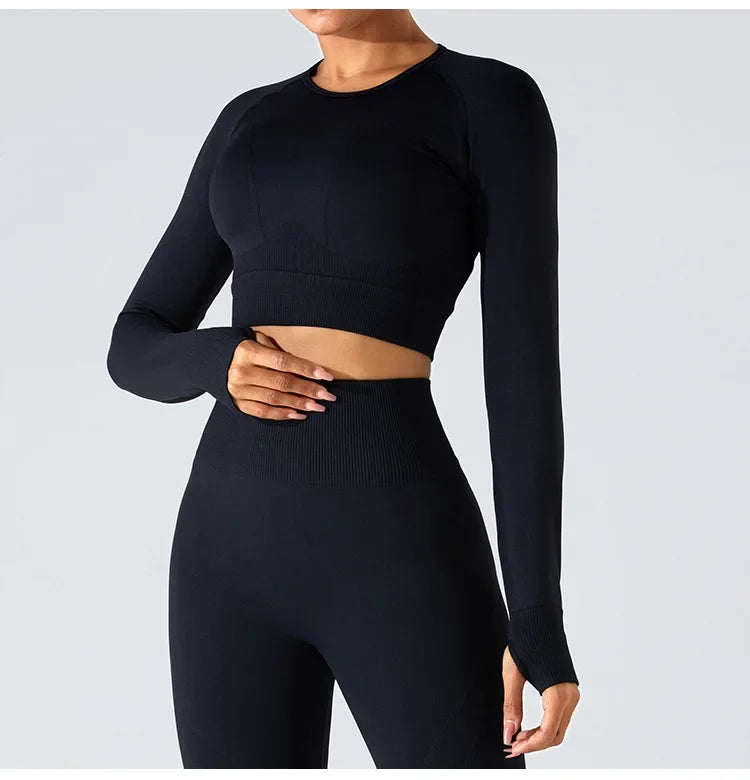 Women's Seamless Long Sleeve Top Yoga Shirts Running T-Shirt Workout Running Fitness Gym Sports Top Training Crop Top Solidcolor