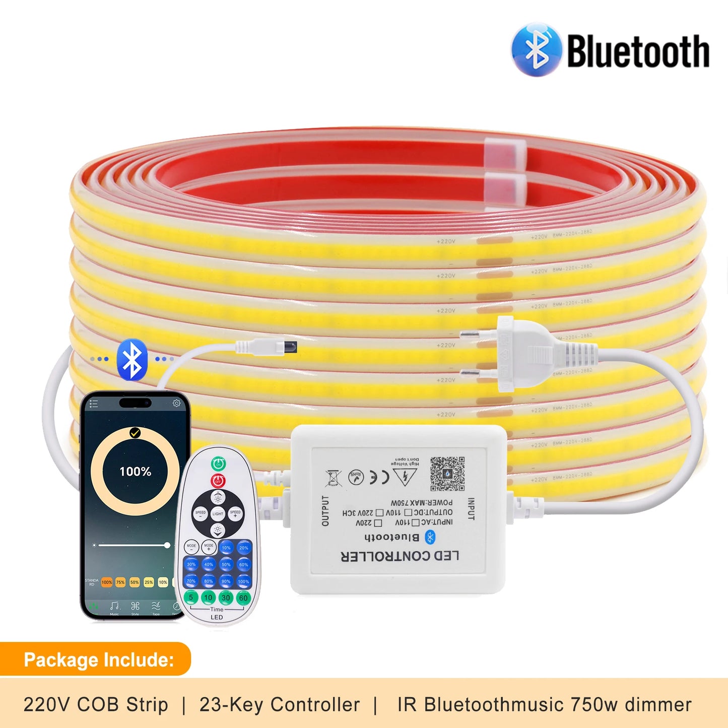 COB LED Strip Dimmable 220V 288LEDs/m Wall Touch Wifi Bluetooth Remote Control Power Kit Waterproof Silicone Tube Adhesive Tape