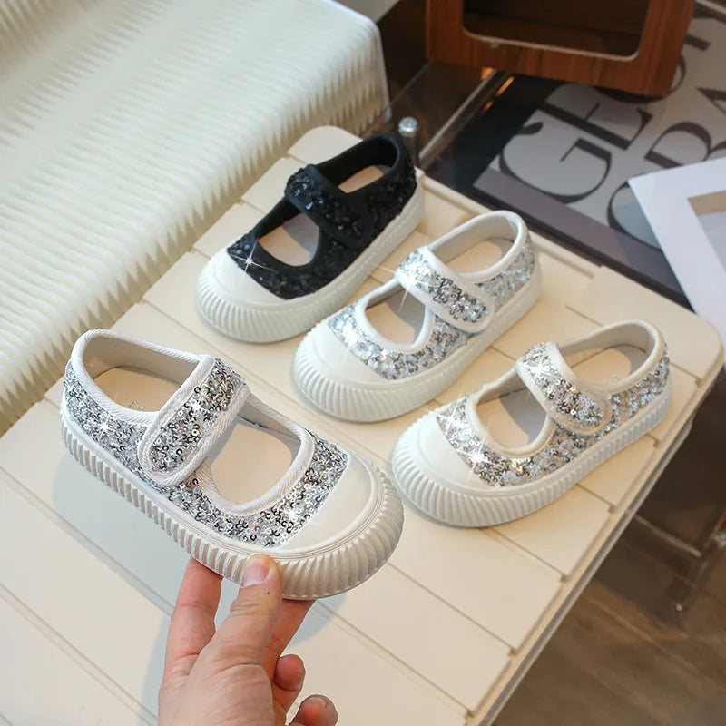 New Girl Princess Canvas Shoes Fashion Luxury Sequins Children Causal Shoes Breathable Kids Glitter Mary Jane Shoes Thick Bottom.