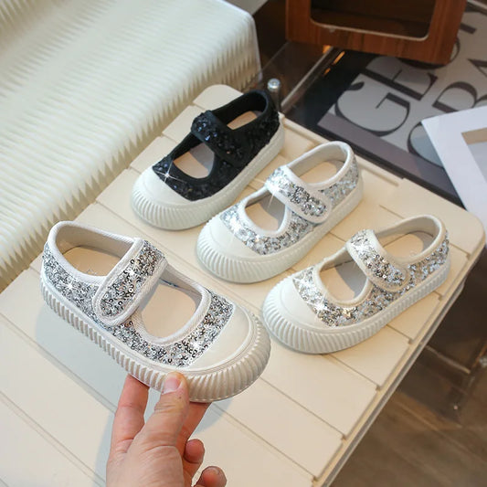 New Girl Princess Canvas Shoes Fashion Luxury Sequins Children Causal Shoes Breathable Kids Glitter Mary Jane Shoes Thick Bottom.