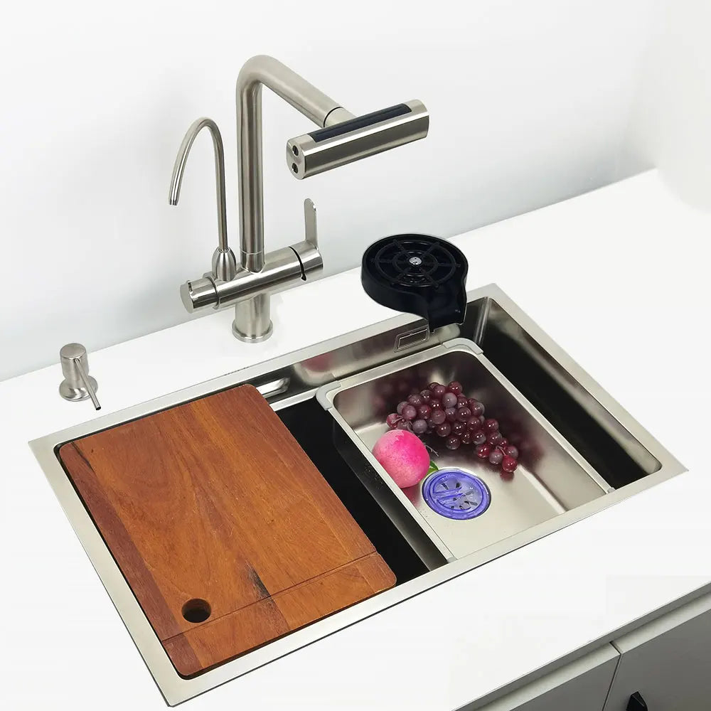 Unterbau-Küchenspüle aus Edelstahl 304, obermontierte Waschbecken mit Wasserfall-Wasserhahn, multifunktionales Einzelwaschbecken