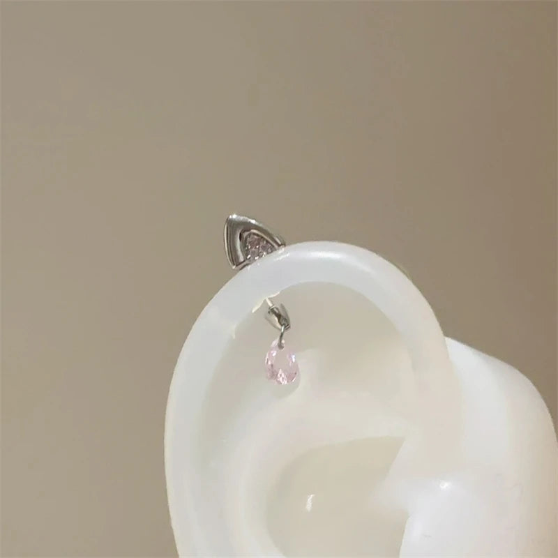 Silver Color Cat's Ear Droplet Shaped Zircon Stainless Steel Ear Bone Nail Earring for Women New Trendy Body Piercing Accessorie