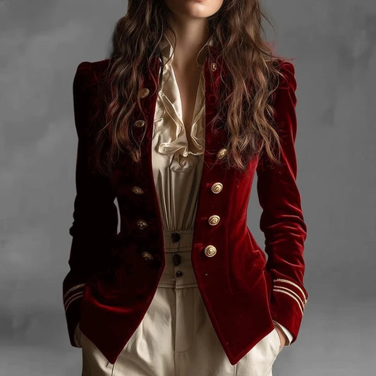 Vintage Slim Fit Velvet Suit Jacket Outerwear Lady Autumn Winter Fashion Elegant Stand Collar Blazers Coat For Women 2025 Tops.