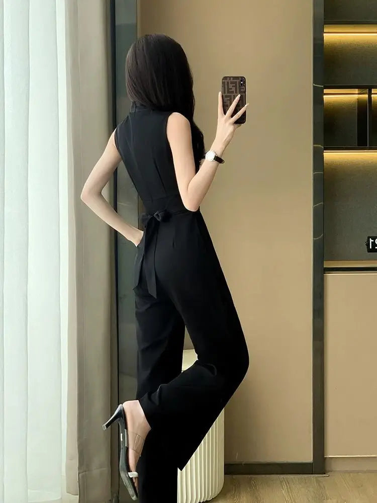 Women's Wide Leg Jumpsuit Pants 2025 Summer New Casual Straight Tube Sports Overalls V-neck Sleeveless Bodysuit For Women Romper