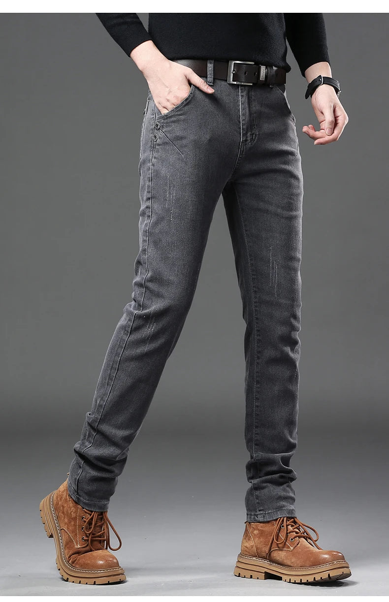 New Pure Gray Korean Slim Jeans Men's Stretch Tight Trendy Jean Trousers Branded Streetwear Comfortable Man Clothing Pants.