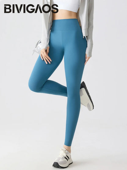 BIVIGAOS Spring Summer Multi Colored Thin Casual Fashion Sharkskin Leggings Women High Waist Tight Sport Cycling Fitness Legging.