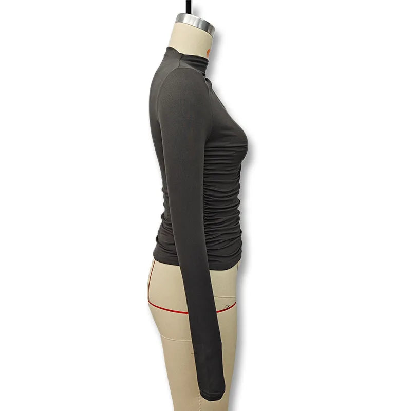 Solid Color High Neck Elegant  Tops For Woman Fashion Chic Pleated Long Sleeves Slim Shirt Spring Autumn Ladies Sexy Blouses