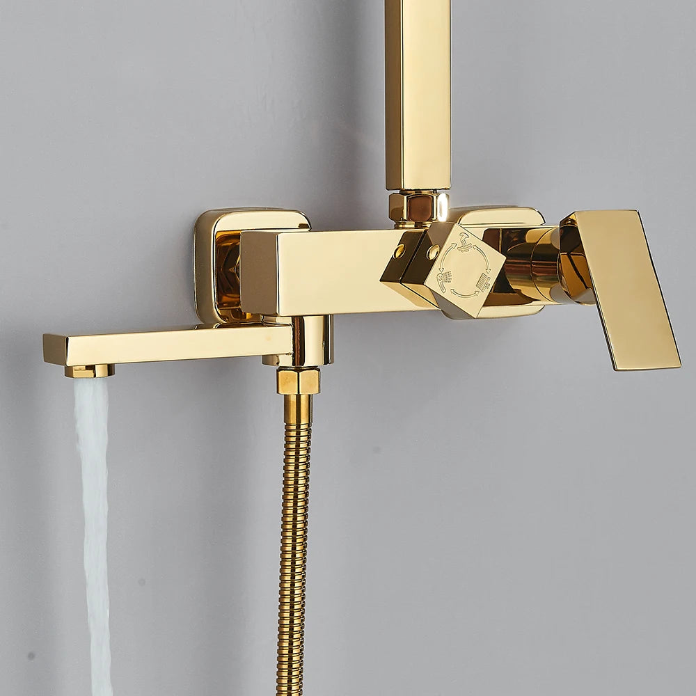 Golden Bathroom Shower Faucet Wall Mounted Rainfall Shower System Bathroom Rotate Bathtub Spout with Hand Shower