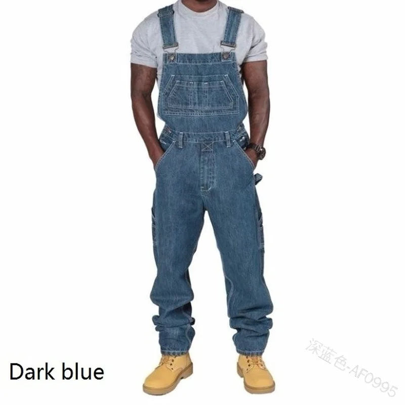 Mens Jeans Overalls Men Jumpsuit Pockets Casual Loose Long Denim Pants Straight Rompers Autumn Plus Size Punk Biker One Piece.