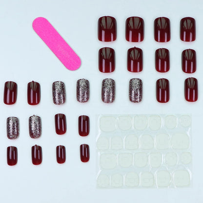 24PCS- wine red square fake nails, silver glitter inlay, exquisite elegance, fashion generous, suitable for dating, dinner.