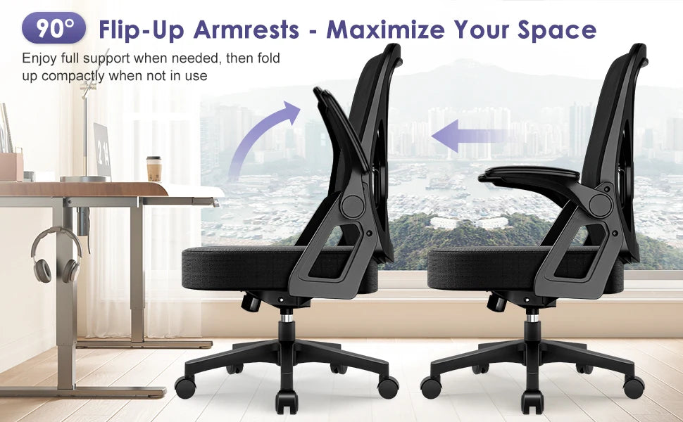 AUTHMIC Ergonomischer Bürostuhl mit Netzrücken, Lordosenstütze, hochklappbare Armlehnen, höhenverstellbar, für die Arbeit im Home-Office-Schreibtisch