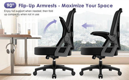 AUTHMIC Ergonomischer Bürostuhl mit Netzrücken, Lordosenstütze, hochklappbare Armlehnen, höhenverstellbar, für die Arbeit im Home-Office-Schreibtisch