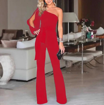 2025 Summer New Women's High Waist Tie Up Solid Color Slim Fit Sexy Jumpsuit Slant Shoulder Elegant Banquet Women's Wear.