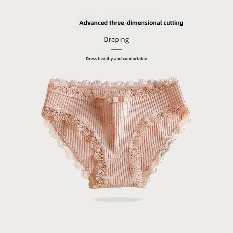 4 Pcs Lace Wavy Trim Bikini Panties, Comfy & Breathable Elastic Intimates Panties, Women's Lingerie & Underwear.