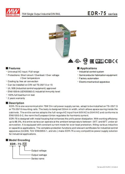 MEAN WELL EDR-75 120 150 12V 24V 48V meanwell EDR-75 120 150 12 24 48 V Single Output Switching Power Supply.