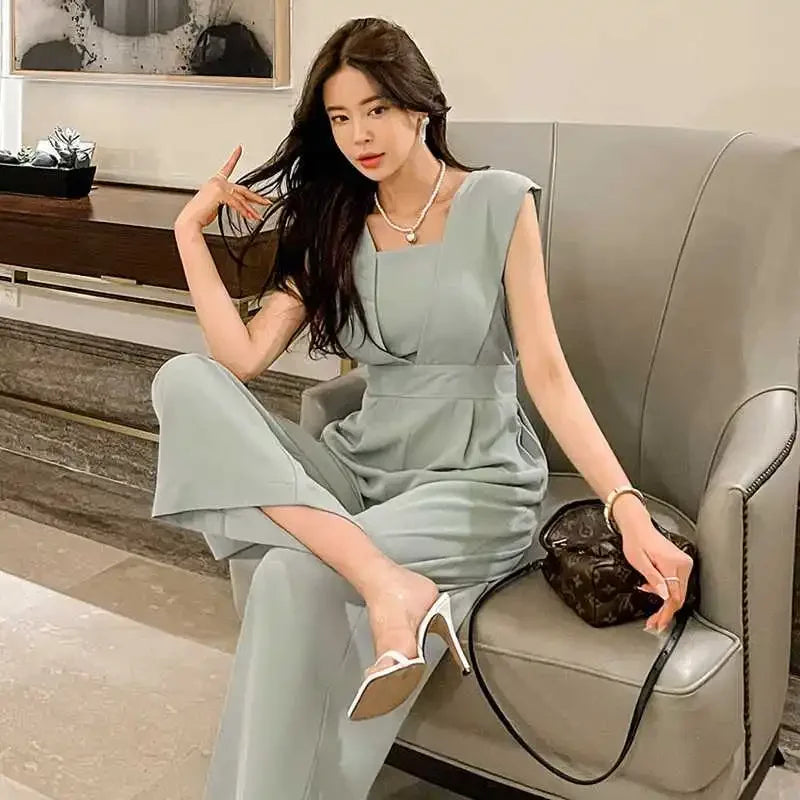 Slimming High Waist Wide Leg Pants Korean Style Fashionable Women's One-Piece Jumpsuit Summer New Arrival Simple Elegant.