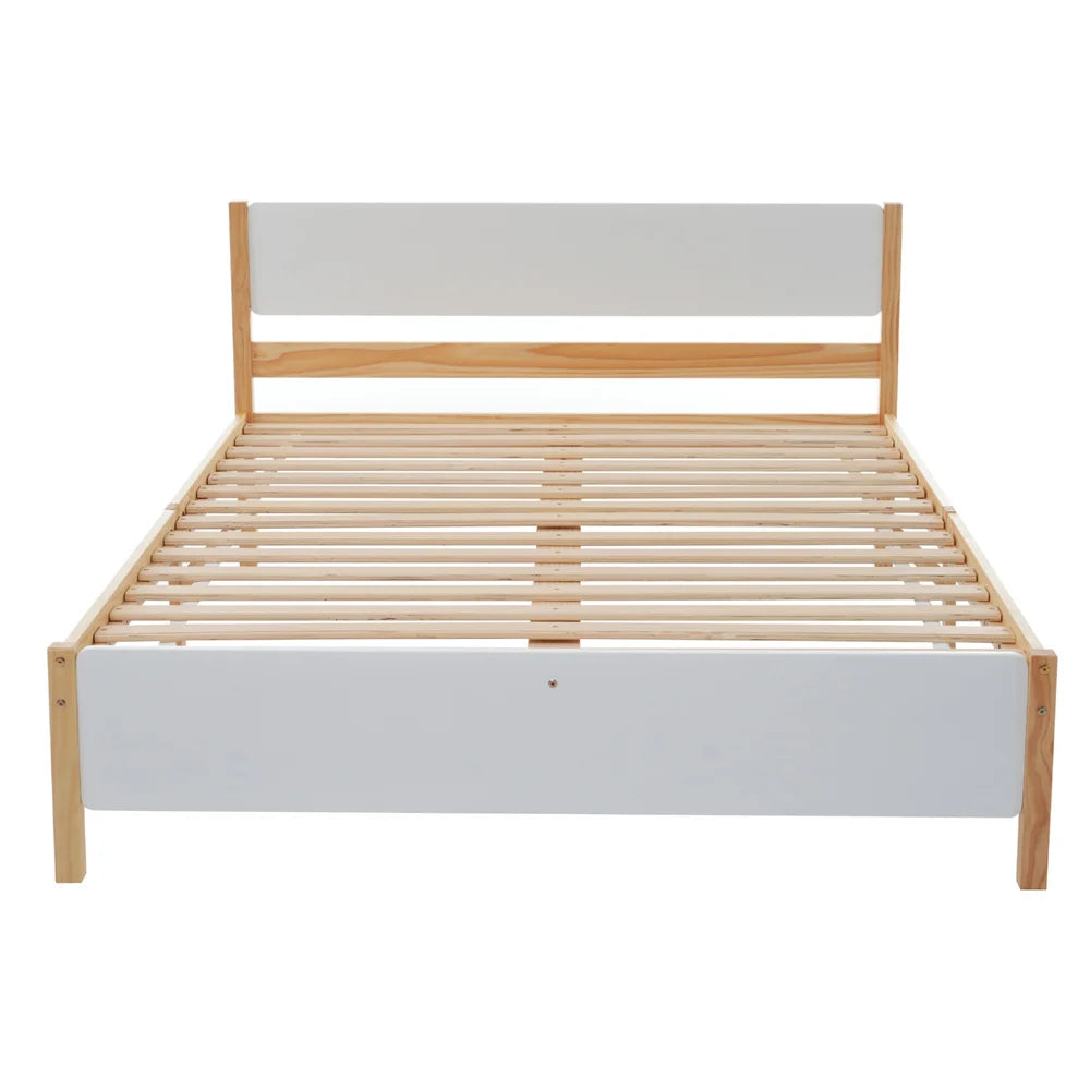 Holzbett Doppelbett 140x200cm, Kiefernholzrahmen mit Mittelfuß, Jugendbett mit Kopf und Fußteil aus MDF,Weiß+Natur,ohne Matratze