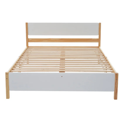 Holzbett Doppelbett 140x200cm, Kiefernholzrahmen mit Mittelfuß, Jugendbett mit Kopf und Fußteil aus MDF,Weiß+Natur,ohne Matratze