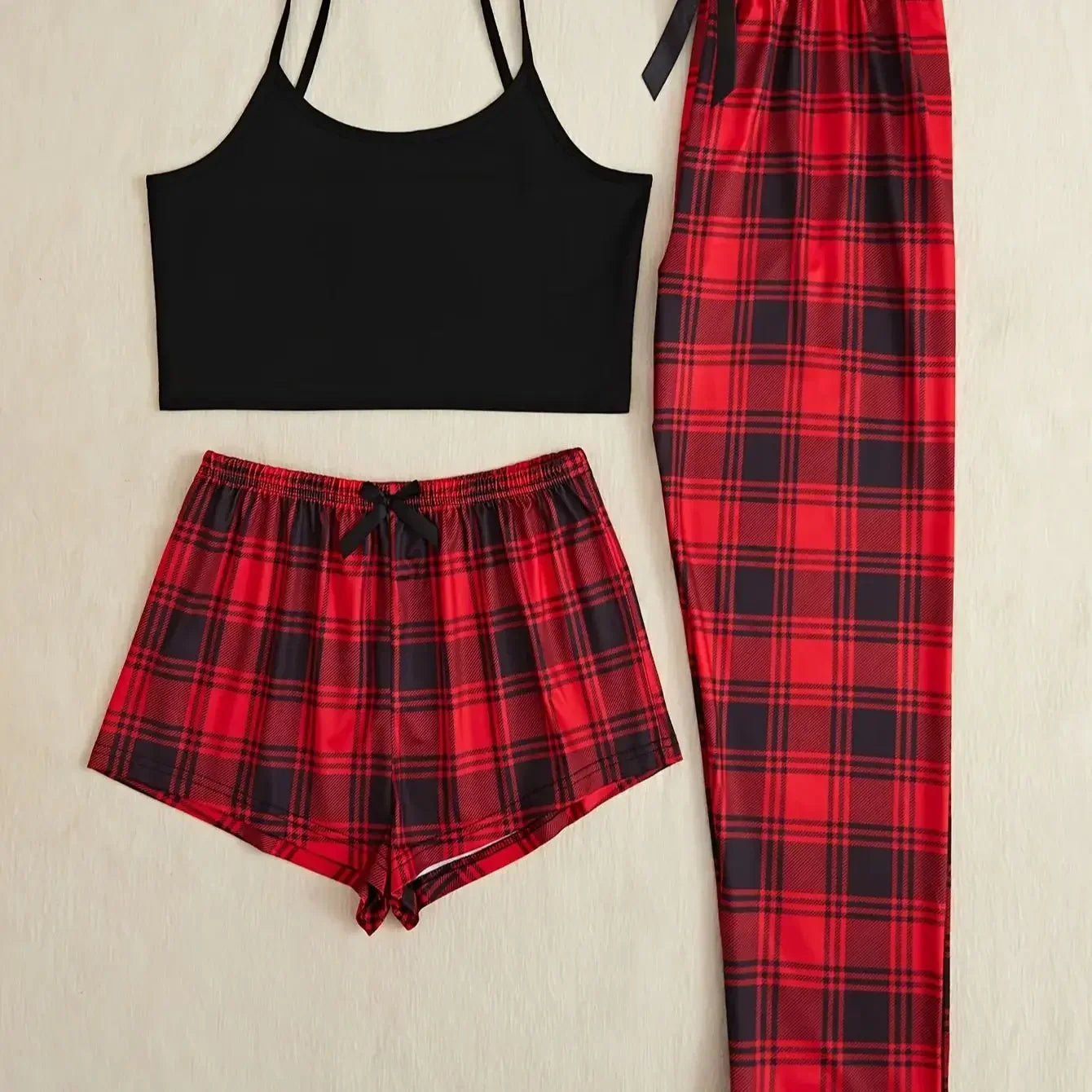 Großhandel Hosenträger Shorts Hosen Dreiteilige Mode Lässig Fliege Hause Tragen Set Frauen Casual Pyjamas Set.