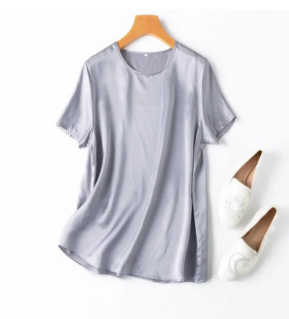 Women 100% Mulberry Silk 19 Momme half sleeve Crew Neck Top Shirt Blouse T-shirt More Colors M L XL MM4270