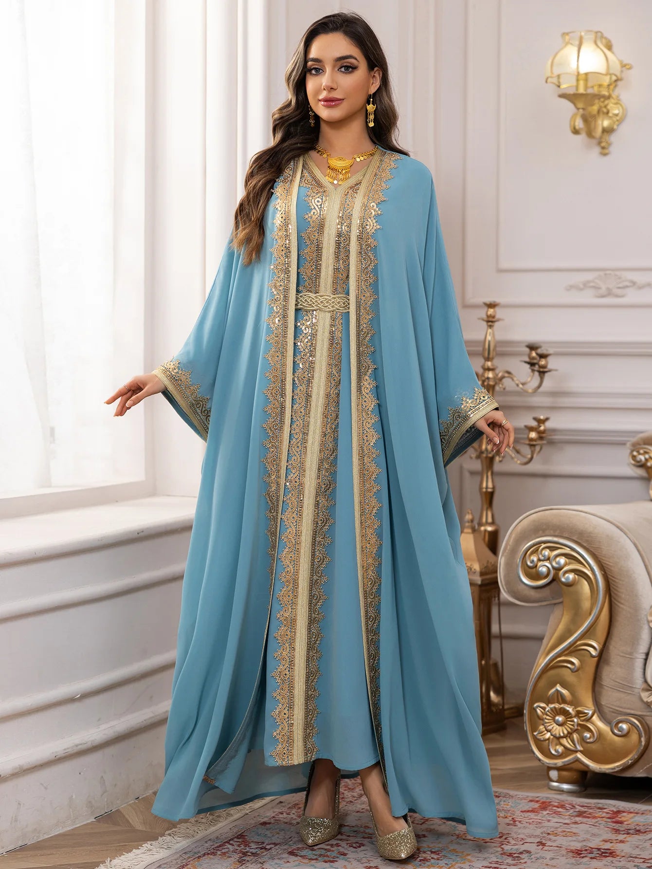 Uni Ramadan Sequins Dubai Abayas Arab Tunics Batwing Sleeve Dresses For Women Gala Two pieces Moroccan Elegant Kebaya.